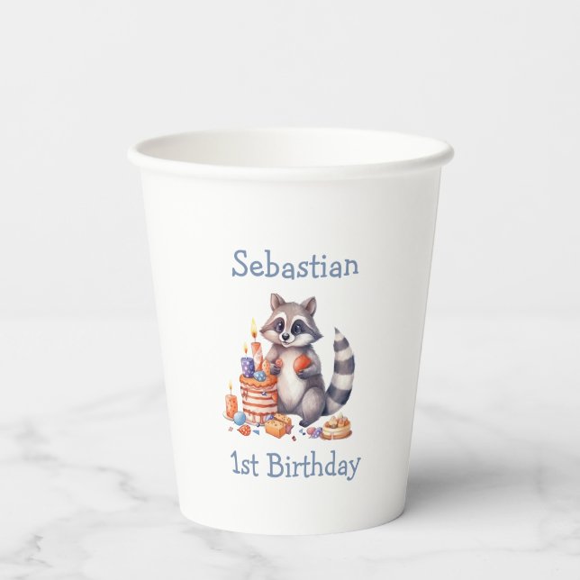 Cute Raccoon 1st Birthday Party Sublimation Custom Paper Cups (Back)