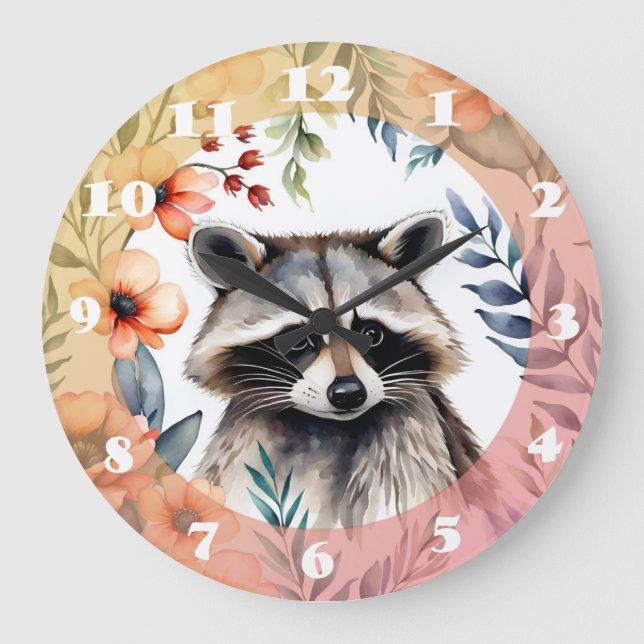 Cute raccoon among flowers large clock (Front)