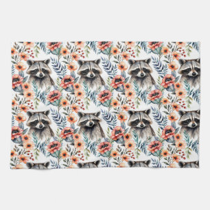 Cute raccoon among flowers  pattern  kitchen towel