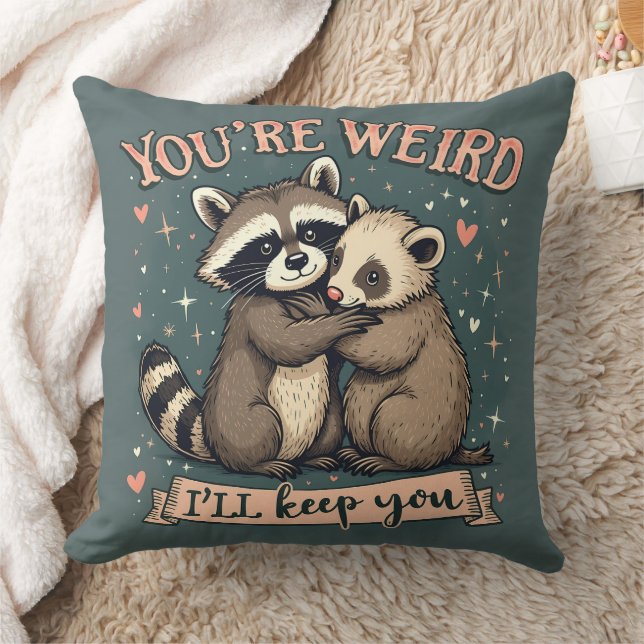 Cute Raccoon and Ferret Hug with Funny Quote Throw Pillow (Blanket)