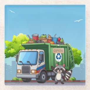 Cute raccoon and "food" truck glass coaster