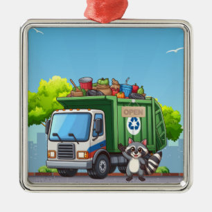 Cute raccoon and "food" truck metal ornament