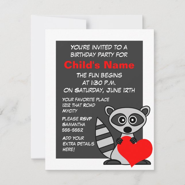 Cute Raccoon and Heart Birthday Invitation (Front)