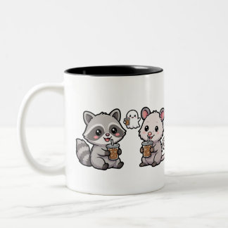 Cute Raccoon and Opossum Coffee Coffee Mug, Kawaii Two-Tone Coffee Mug