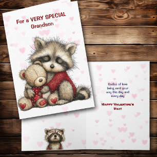Cute Raccoon and Teddy Bear Grandson Valentine Holiday Card