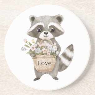 Cute Raccoon Basket Flowers Coaster