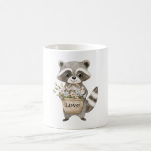 Cute Raccoon Basket Flowers Coffee Mug