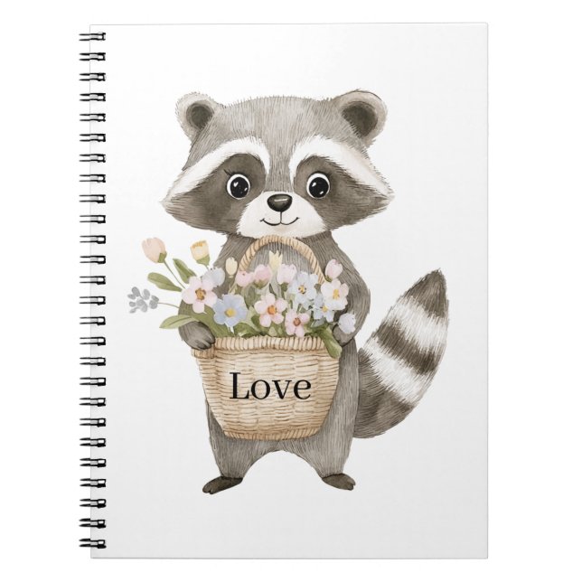 Cute Raccoon Basket Flowers Notebook (Front)