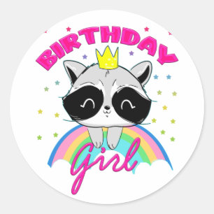 Cute Raccoon Birthday Girl Party Theme  Classic Round Sticker