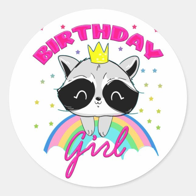Cute Raccoon Birthday Girl Party Theme  Classic Round Sticker (Front)