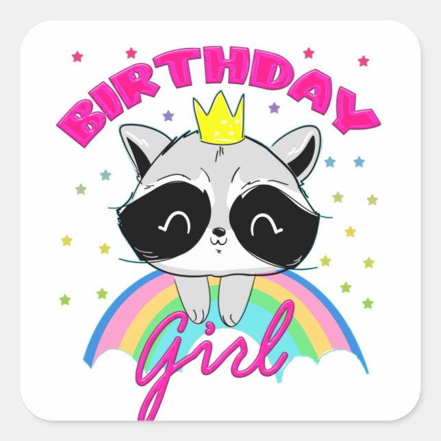 Cute Raccoon Birthday Girl Party Theme  Square Sticker (Front)