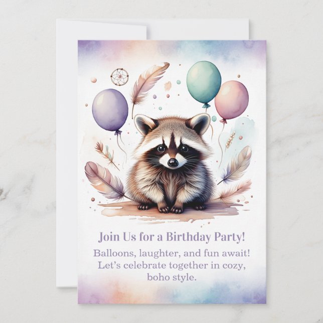 Cute Raccoon Birthday Invitation Woodland Boho  (Devant)