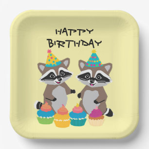 Cute raccoon birthday party light yellow paper plate