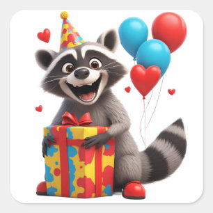 🦝 Cute Raccoon Birthday Party With Gift Square Sticker