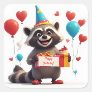 Cute Raccoon Birthday With Gift And Sign 🦝 Square Sticker