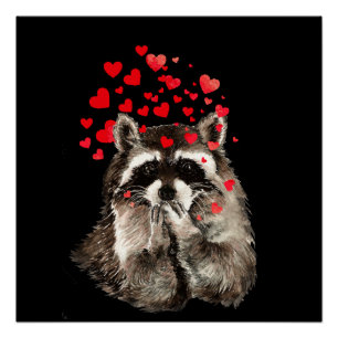 Cute Raccoon Blowing Kisses Funny Love Hearts Poster