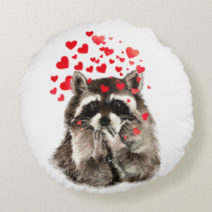 Cute Raccoon Blowing Kisses Love Hearts Animal Round Pillow