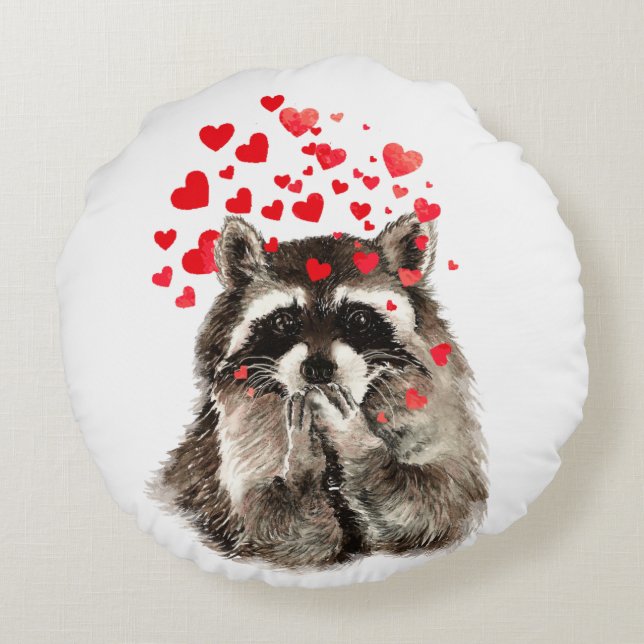 Cute Raccoon Blowing Kisses Love Hearts Animal Round Pillow (Back)