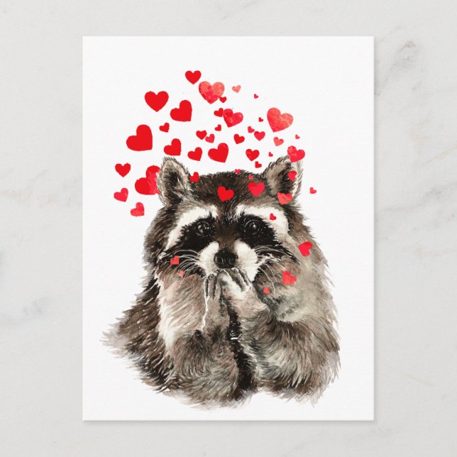 Cute Raccoon Blowing Kisses Love Hearts Postcard (Front)