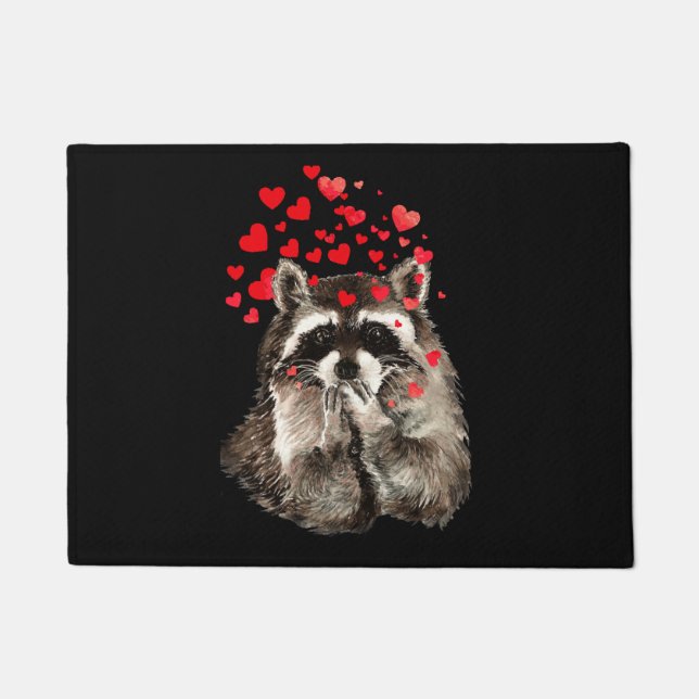 Cute Raccoon Blowing Kisses Love Hearts Welcome Doormat (Front)