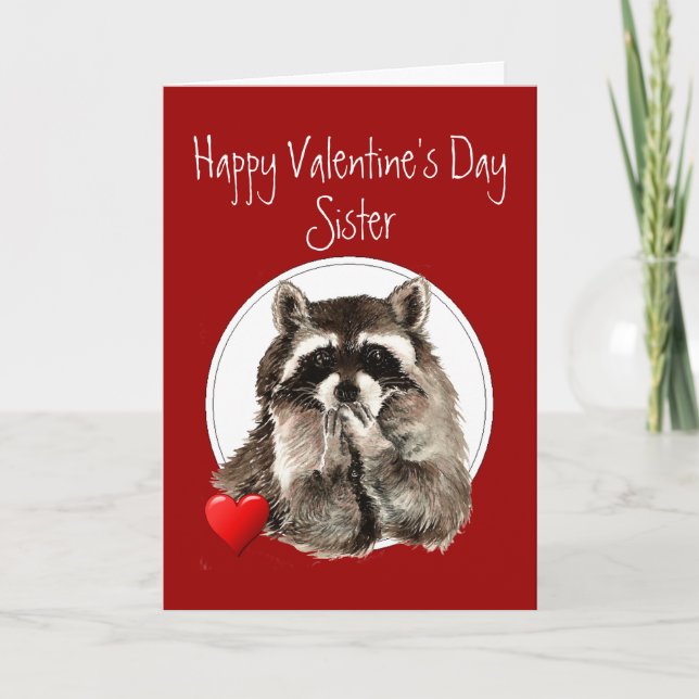 Cute Raccoon Blowing Kisses Sister Valentine Holiday Card (Front)