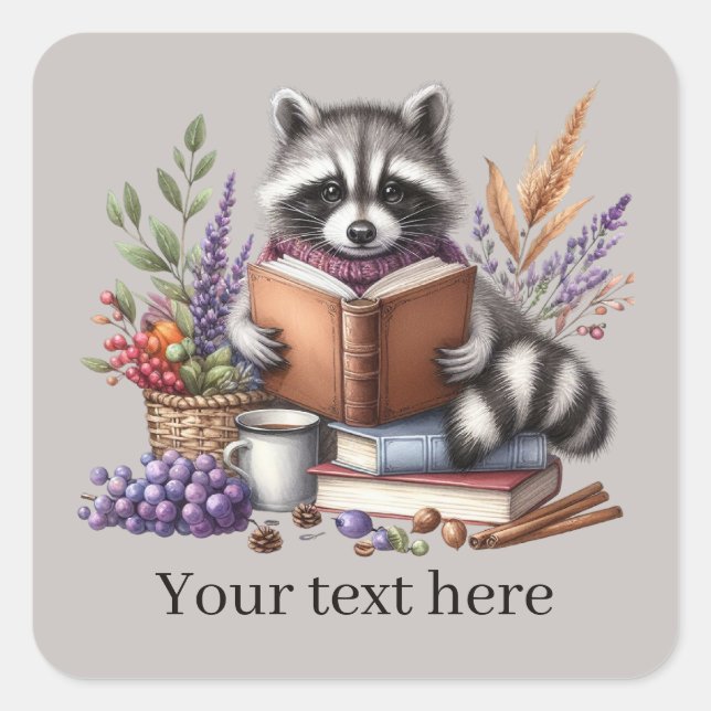 Cute raccoon book lovers add text  square sticker (Front)