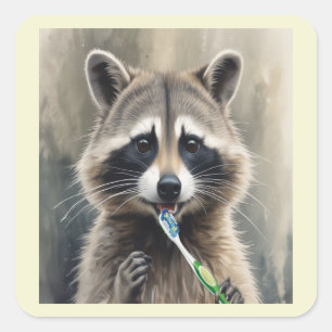 Cute Raccoon Brushing Teeth Fun Animal Dentist Square Sticker