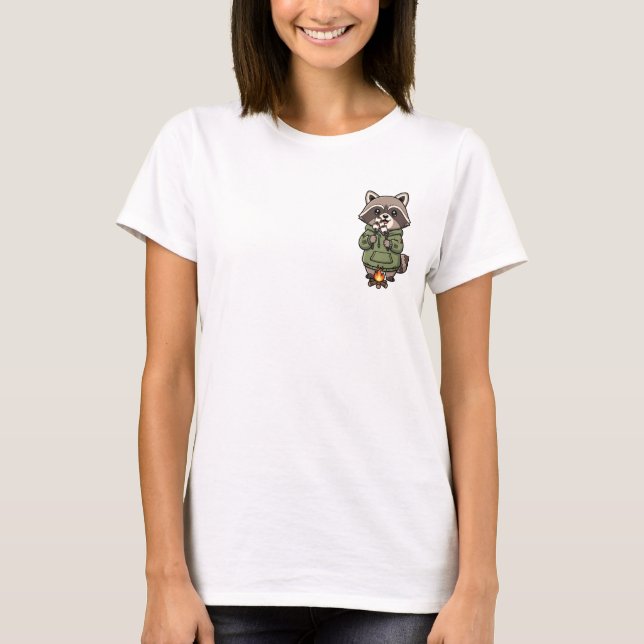 Cute Raccoon Camper Roasting Marshmallows in Green T-Shirt (Front)