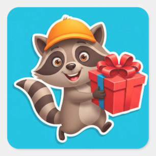 Cute Raccoon Cartoon Holding Gift Box Square Sticker