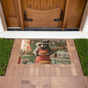 Cute Raccoon Chef in Retro Kitchen Serving Pancake Doormat