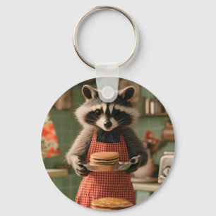 Cute Raccoon Chef in Retro Kitchen Serving Pancake Keychain