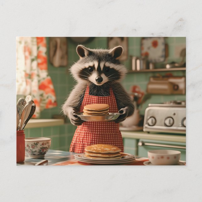 Cute Raccoon Chef in Retro Kitchen Serving Pancake Postcard (Front)