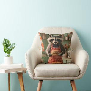 Cute Raccoon Chef in Retro Kitchen Serving Pancake Throw Pillow