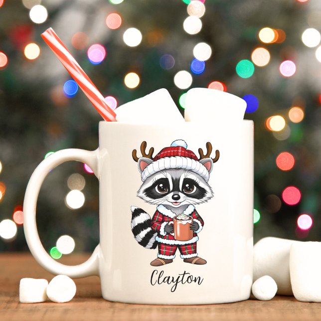 Cute Raccoon Christmas Holiday Mug (Reindeer raccoon personalized Christmas mug)
