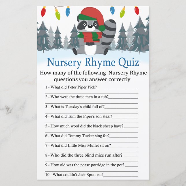 Cute Raccoon Christmas Nursery Rhyme Quiz game (Front)