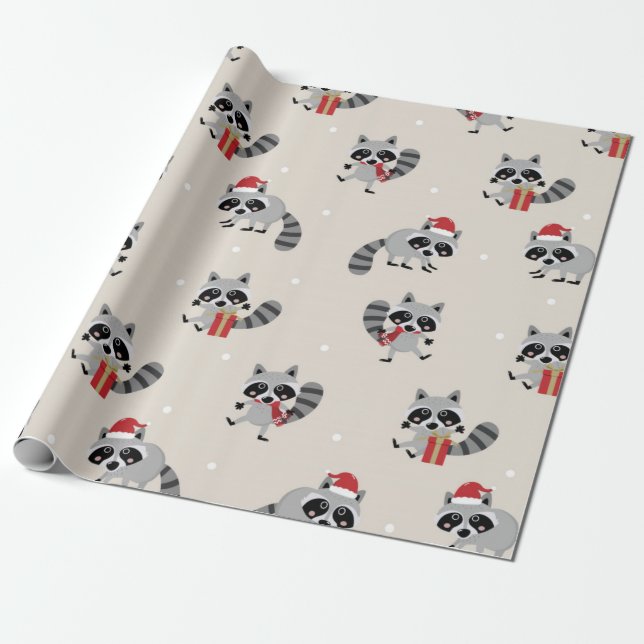Cute Raccoon Christmas Pattern Wrapping Paper (Unrolled)