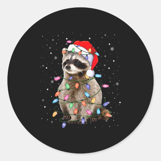 Cute Raccoon Christmas Tree Lights Pajama Raccoon  Classic Round Sticker (Front)