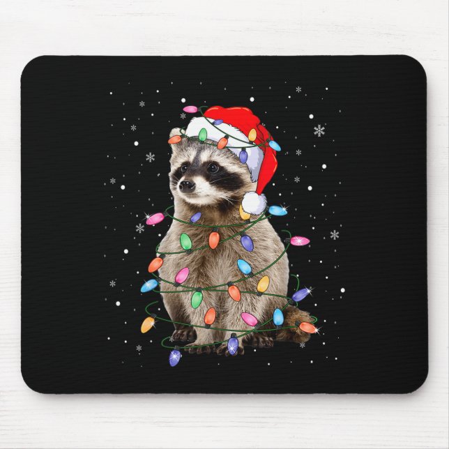 Cute Raccoon Christmas Tree Lights Pajama Raccoon  Mouse Pad (Front)