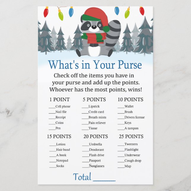 Cute Raccoon Christmas What's in your purse game (Front)