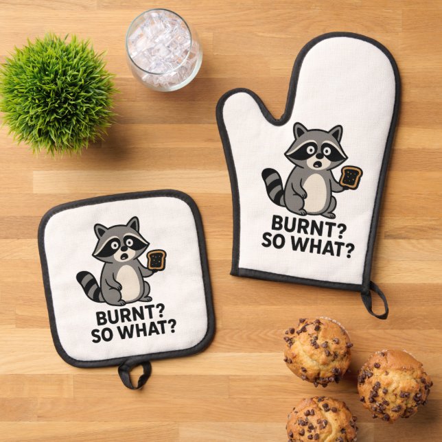 Cute Raccoon Cooking – Funny Animal Illustration Oven Mitt & Pot Holder Set (Top Down)