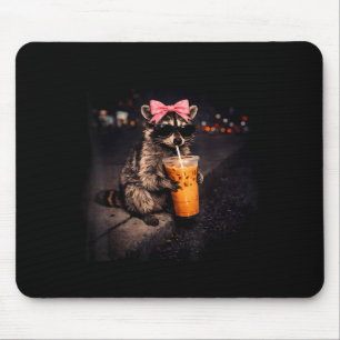 Cute raccoon drinking iced coffee funny raccoon mouse pad