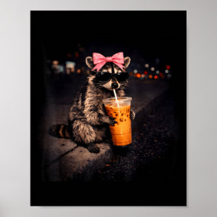 Cute raccoon drinking iced coffee funny raccoon poster