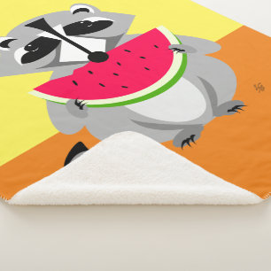 Cute raccoon Eating Watermelon Sherpa Blanket