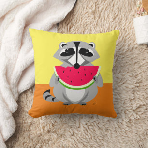 Cute raccoon Eating Watermelon Throw Pillow