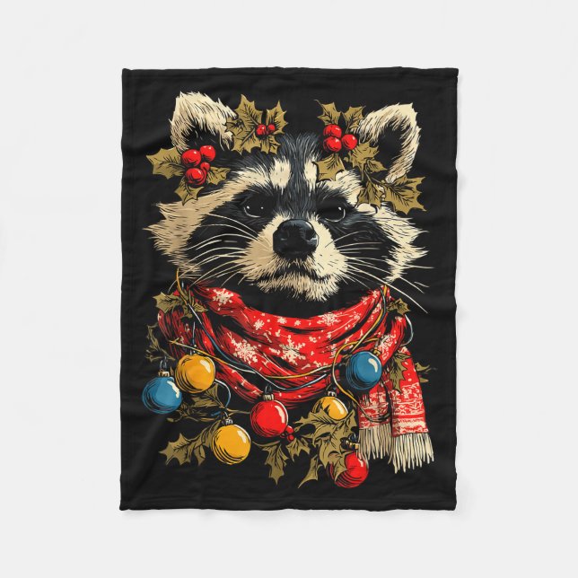 Cute Raccoon F Christmas Lights Festive Forest Ani Fleece Blanket (Front)