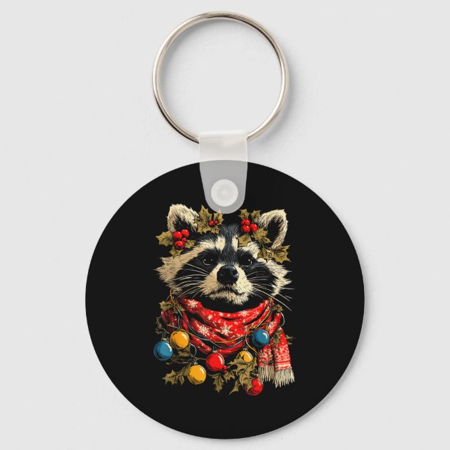 Cute Raccoon F Christmas Lights Festive Forest Ani Keychain (Front)
