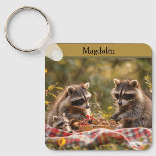 Cute raccoon family having a picnic keychain