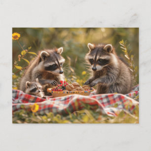 Cute raccoon family having a picnic postcard