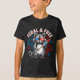 Cute Raccoon Feral But Free 4th Of July Youth Men  T-Shirt