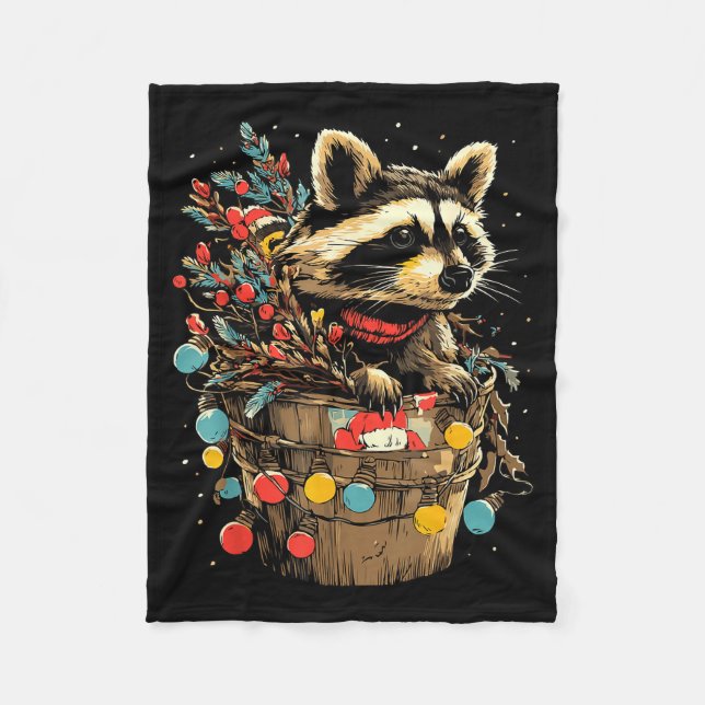 Cute Raccoon Festive Winter Scenery Forest Animal  Fleece Blanket (Front)